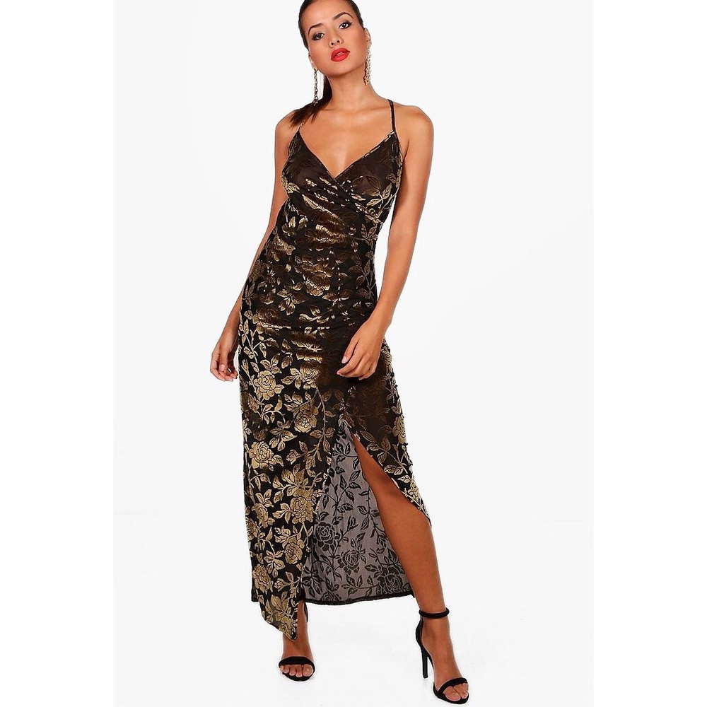 Boohoo Velvet Thigh Split Maxi Dress